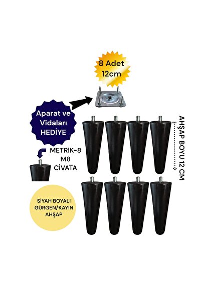 Vera Hediyelik Eşya 8'li 12 cm Siyah Renk Ahşap Torna Koltuk Ayağı Baza Ayağı...