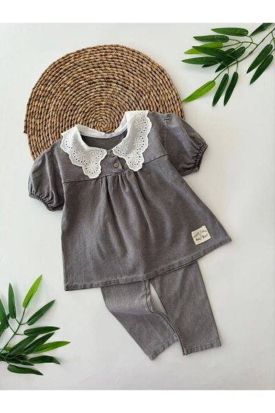 Minigimin Cicileri Gray Girl's Set with Knitted Collar and Laced Flowers and Leggings