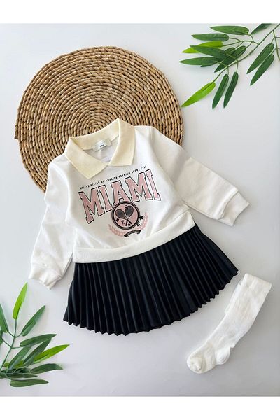 Minigimin Cicileri Miami Baby Girl Dress with Leather SKirt and SocKs - White-blacK