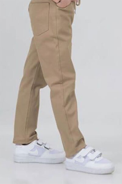 Minigimin Cicileri Unisex Canvas School Kids Trousers - Straight Leg, Elastic Waist, Camel
