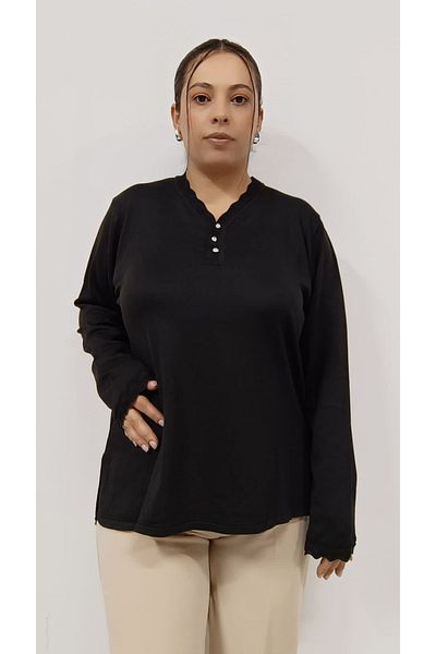 AKŞEN GİYİM LARGE SIZE THIN CORRATED COOL STRING FABRIC 70 CM COLLAR AND ARM LACE DETAIL LONG SLEEVE MOTHER BLUZ