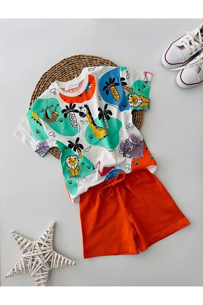 Minigimin Cicileri Boy's Shorts Set - My Little Baby's Flowers, Animal Print, Orange