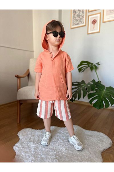 Minigimin Cicileri 2-Piece Set of My Striped Cotton Mini for Boys - Kangaroo Pocket, Orange