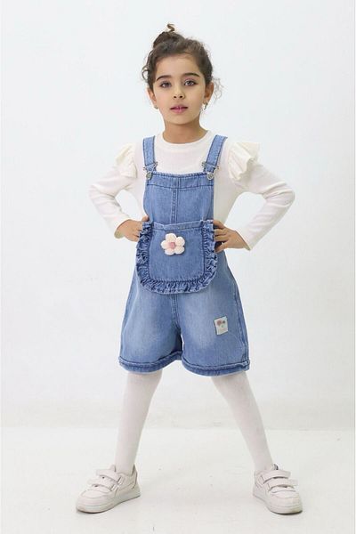 Minigimin Cicileri Set de blugi albastru Salopet - Detaliu buzunar cu volane, accesorii Daisy, set de 3 piese pentru fete