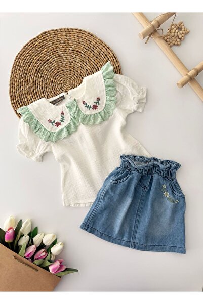 Minigimin Cicileri Κοστούμι τζιν για κορίτσια - Λεπτομέρεια κεντήματος με πέτο, λευκό-πράσινο