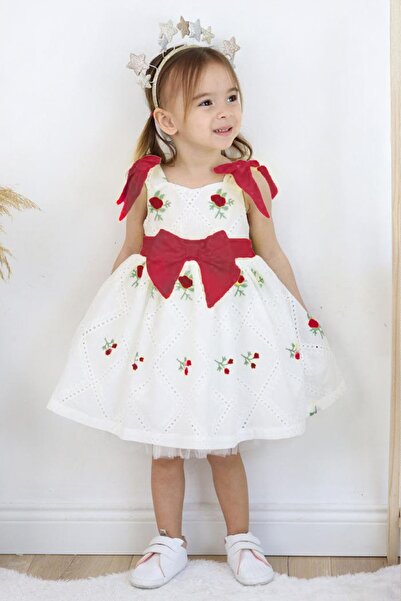 Minigimin Cicileri Red My Little Brode Ribbon - Flower Embroidered Girl's Dress