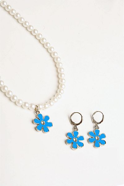 twingold Flower Design Pearl Beaded Necklace Earrings Jewelry Set
