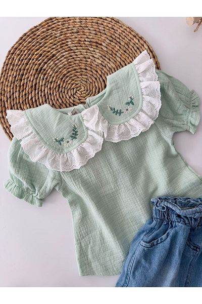 Minigimin Cicileri Water Green Girl's Set - Collar Scallop and Embroidery Detailed Denim Skirt