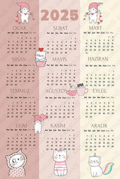 sanatıbedi 2025 Kedi Temalı Takvim Sticker (ARKASI YAPIŞKANLI ETİKET) Cam - Kapı - Duvar (42X30 CM)