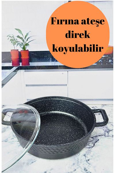 BRE HOME 26 cm Cast Iron Granite Karnıyarık Rice Pot Can Enter the Oven Fireproof Non-Stick for 8-10 Persons