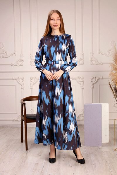 NESKA Patterned Belted Satin Women's Dress