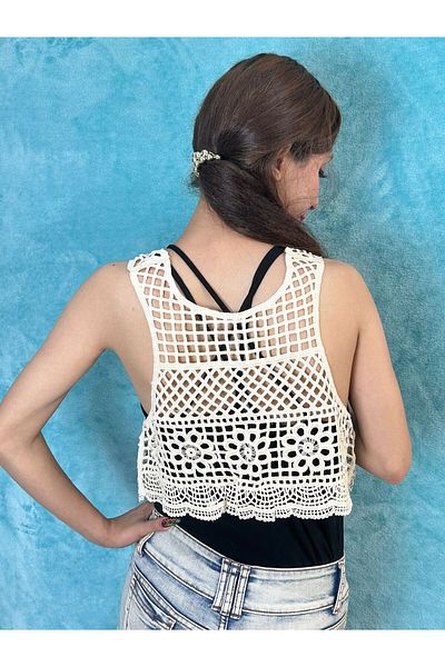 Gönülden Tasarım Ecru Mesh Floral Embroidered Vest - Standard Size