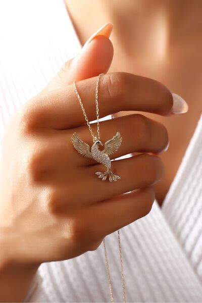 SARIASLAN 925 Ayar Gümüş Zümrüdü Anka Kuş Kadın Gümüş Kolye Gold Renk