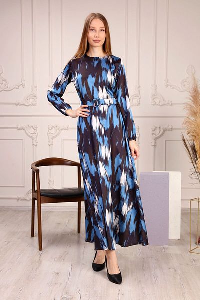 NESKA Patterned Belted Satin Women's Dress