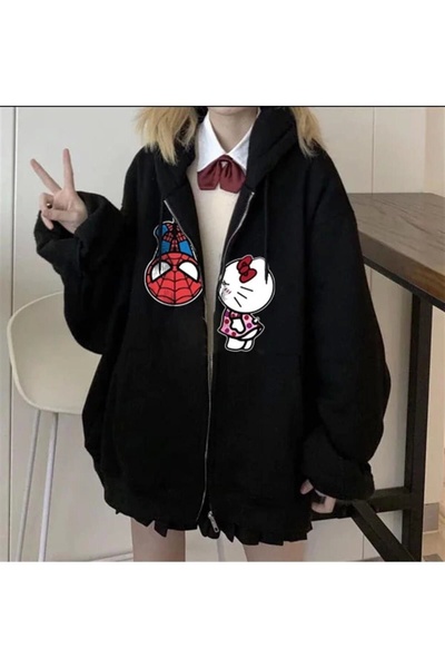 Violon Spider-Man & Hello Kitty Baskılı Oversize Fermuarlı Siyah Unisex Kapüş...