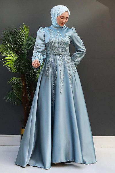 GİZ AGİYİM Ice Blue Alina Hijab βραδινό φόρεμα