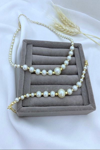 DEMOKAN Women's Necklace - Bracelet Set Row Ball Pearl Set