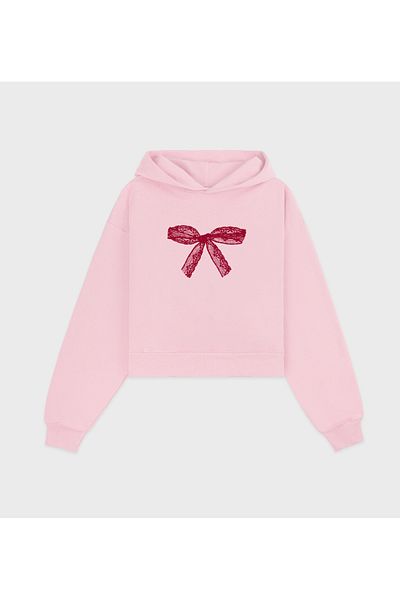 Ginevra Women's Red Ribbon Printed Hooded Crop Fleece Oversize Sweatshirt