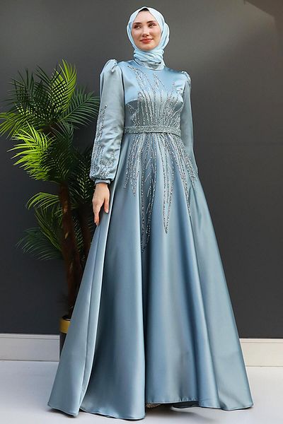 GİZ AGİYİM Ice Blue Alina Hijab βραδινό φόρεμα