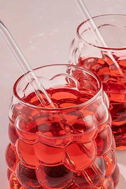 Rosemor 350 Ml. Beaded Glass Glass with Straw Grape Grain - Soft Drink Water Coffee 2 Pieces