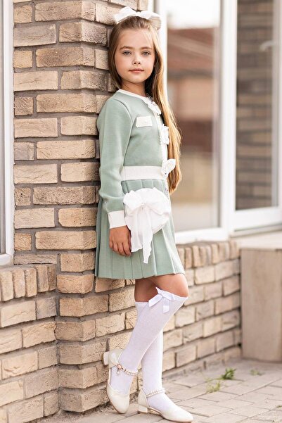 Riccotarz Κοριτσίστικη κορδέλα μέσης και λεπτομέρεια φιόγκου στο στήθος Πλισέ πράσινο φόρεμα σιφόν