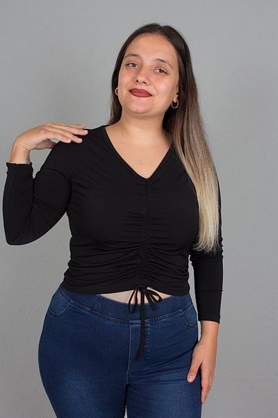 Truva XXL Plus Size Front Gathered Micro Fabric Blouse Black