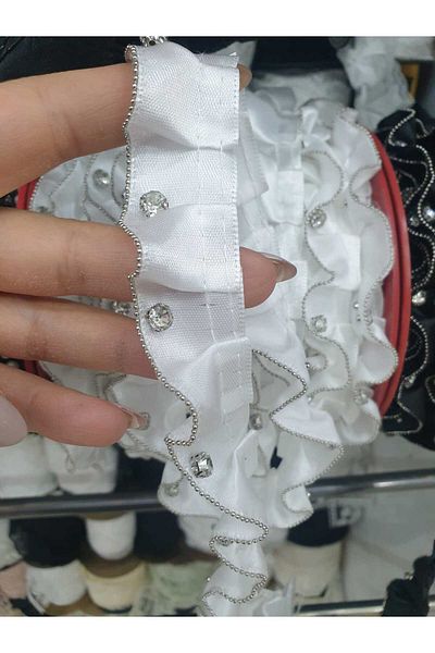 ESRA ŞELEM White Color Rhinestone Edge Chain Detailed Frilly Satin Decorative Ribbon Accessory Clothing Hobby Applique