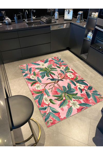 Rugs Modern Halı Paris Koleksiyonu Pembe Yeşil Temalı Çiçekler ve Kuş Detay D...