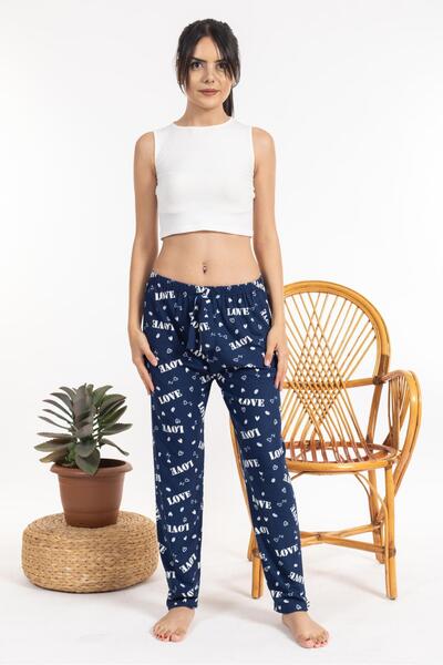 Pemilo Pantaloni de damă din piele intoarsa cu model Love - ALBASTRU ÎNCHIS