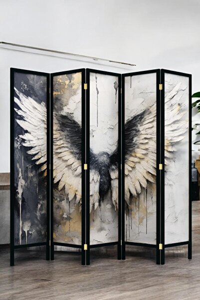 Fupe Shop Doğal Ahşap Kanat Tek Taraf Baskılı 5 Kanat Paravan Seperatör Oda B...