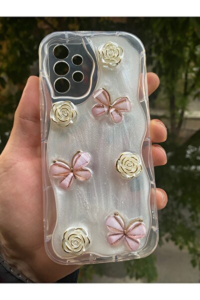 AQUA AKSESUAR Samsung Galaxy A32 Uyumlu Kılıf 5D Kabartmalı Kelebek Çiçek Des...