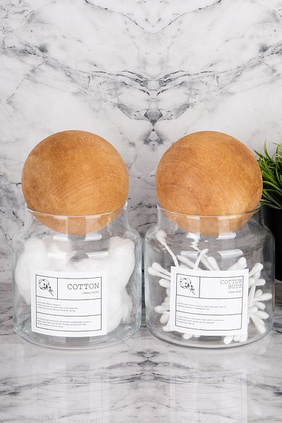 MODA OZY Set de 2 borcane de 500 ml cu capac de bile din bumbac/bumbac etichetat din sticlă pentru organizare pentru baie