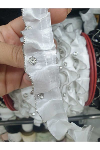ESRA ŞELEM White Color Rhinestone Edge Chain Detailed Frilly Satin Decorative Ribbon Accessory Clothing Hobby Applique