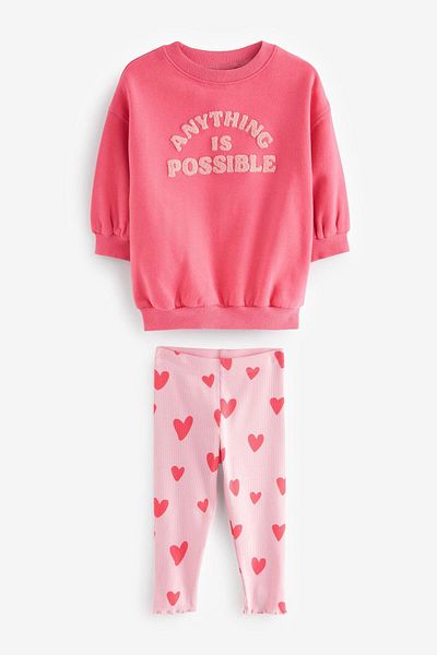 Magu Pink Streamline Slogan Cotton Sweatshirt and Heart Tights for Girls - 3 Thread Set