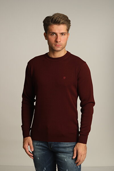 Erkek Bordo Regular Fit Düz Bisiklet Yaka Triko Kazak
