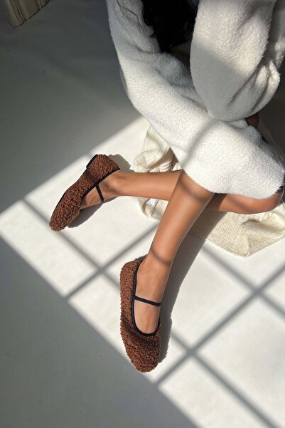 NİŞANTAŞI SHOES Γυναικείες μπαλαρίνες Karmin Brown βελούδινο καουτσούκ με επίπεδη σόλα