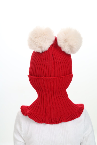 Sevimli Kız Çocuk Bere Boyunluk Takım Çift Ponponlu 4-10 Yaş