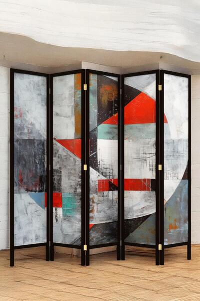 Fupe Shop Doğal Ahşap Soyut Kırmızı Çizgisel Tek Taraf Baskılı 5 Kanat Paravan Seperatör Oda Bölme