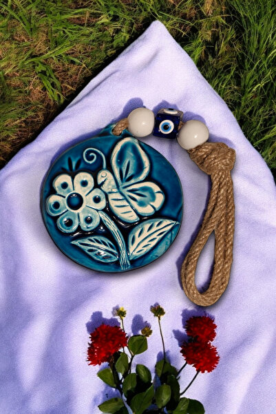 Revard Home Nazar Boncuklu Seramik Kelebek Ve Çiçek Desenli Yuvarlak Dekoratifli Çok Amaçlı Süs Eşyası 9X17 CM