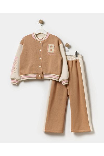 Magu Girl's Winter Brooklyn Embroidered Cotton College Jacket Tracksuit Top and Bottom Set