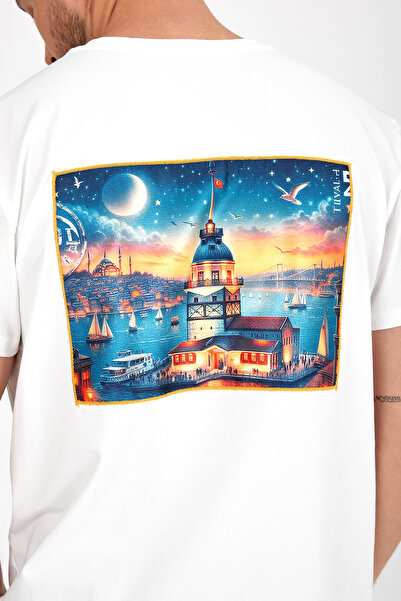 Butikgiz Ανδρικό σχέδιο Intelligence - Προσαρμοσμένο εμπριμέ, 100% βαμβάκι, απλικέ στην πλάτη, T-shirt Regular Fit (Girls Tower)