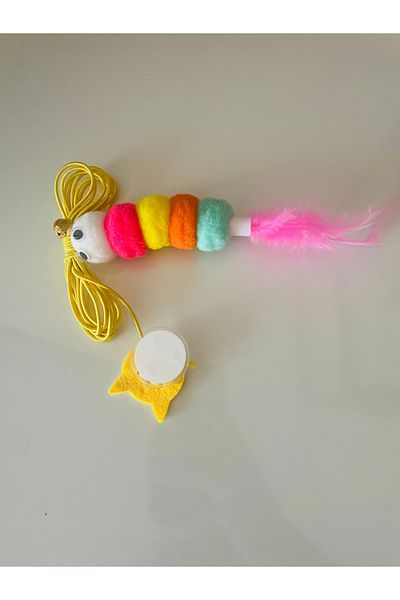 CMT Cat Playing Fishing Rod with Colorful String - Adhesive Caterpillar and Rattles Furry