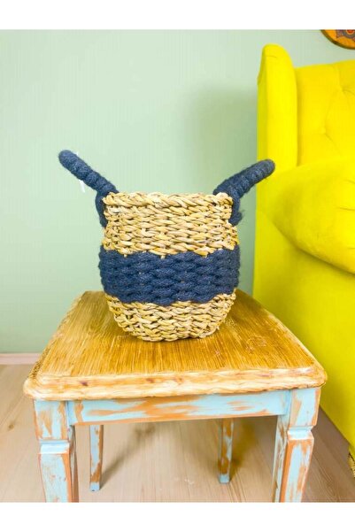 BİTKİ TASARIMI سلة محبوكة طبيعية مخططة باللون الأسود - تصميم نباتي مع مقبض ومنظم