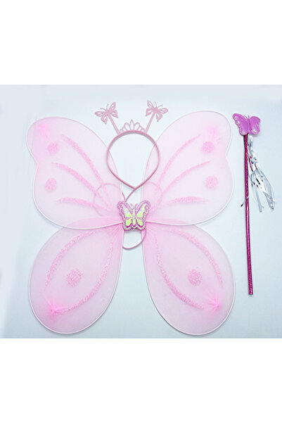 Go İthalat Toz Pembe Kelebek Kanadı Kostüm Seti - Kız Çocuk Parti Aksesuarı P...