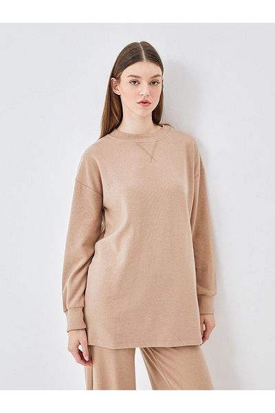 LC Waikiki Lcw Modest Brown Crew Neck Textured Women's Tunic