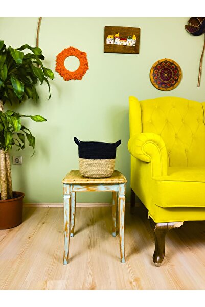 BİTKİ TASARIMI سلة محبوكة طبيعية مخططة باللون الأسود - تصميم نباتي منظم ومقبض...