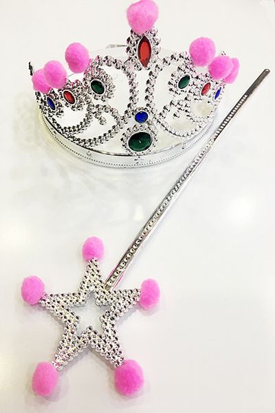 Mu Art Ahşap Silver Color Princess Crown with Pink Pompom and Silver Color Princess Scepter (5175)
