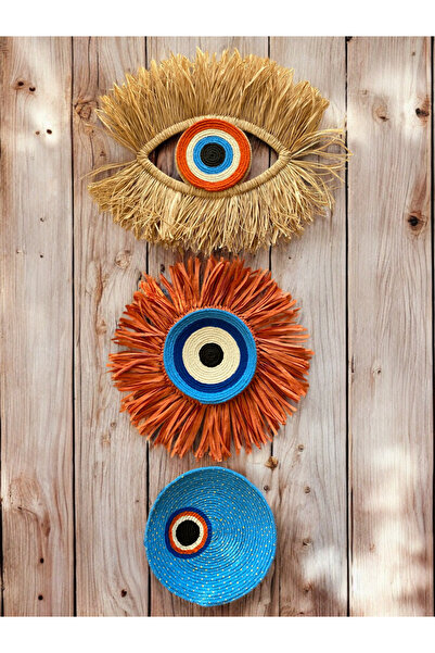 MOMİKO TASARIM Nazar Boncuğu El Yapımı Hasır Duvar Tabağı Seti -  Mavi Turuncu