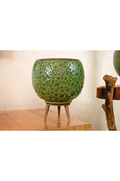 BİTKİ TASARIMI Yeşil Şekilli Artistik Çift Sırlı İç ve Dış Mekan Kullanımlı Ayaklı Toprak Terakota S