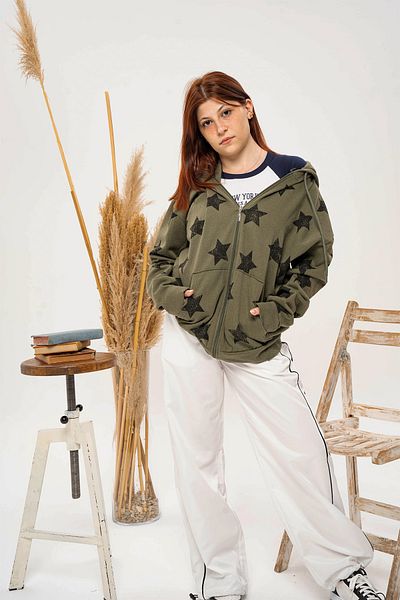 AtegeWear Y2K Haraajuku Oversize Star Λεπτομερής Trend Ζακέτα/Φούτερ Χακί